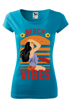 Tricou imprimat Beach Vibes, pentru femei, turcoaz, 100% bumbac