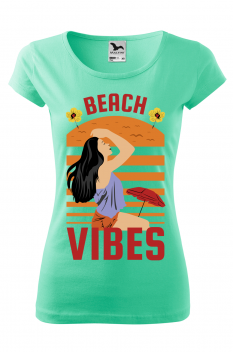 Tricou imprimat Beach Vibes, pentru femei, verde menta, 100% bumbac