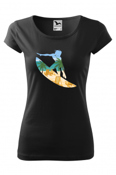 Tricou imprimat Beach Surfing, pentru femei, negru, 100% bumbac