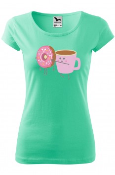 Tricou imprimat Coffee and Donut, pentru femei, verde menta, 100% bumbac