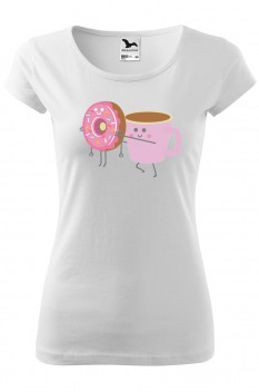 Tricou imprimat Coffee and Donut, pentru femei, alb, 100% bumbac