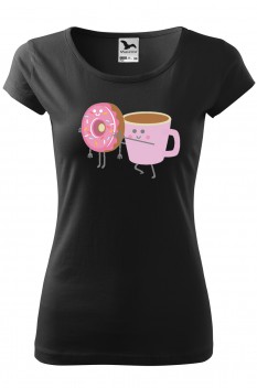 Tricou imprimat Coffee and Donut, pentru femei, negru, 100% bumbac