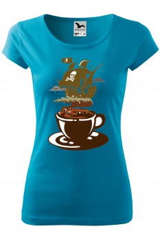 Tricou imprimat Coffee Pirate, pentru femei, turcoaz, 100% bumbac