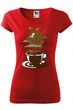 Tricou imprimat Coffee Pirate, pentru femei, rosu, 100% bumbac