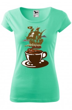 Tricou imprimat Coffee Pirate, pentru femei, verde menta, 100% bumbac
