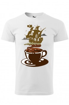 Tricou imprimat Coffee Pirate, pentru barbati, alb, 100% bumbac