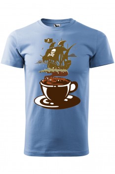 Tricou imprimat Coffee Pirate, pentru barbati, albastru deschis, 100% bumbac