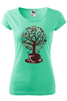 Tricou imprimat Coffee Tree, pentru femei, verde menta, 100% bumbac