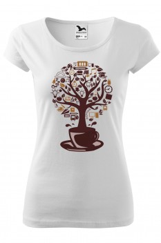 Tricou imprimat Coffee Tree, pentru femei, alb, 100% bumbac