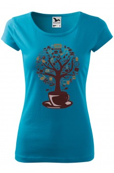 Tricou imprimat Coffee Tree, pentru femei, turcoaz, 100% bumbac