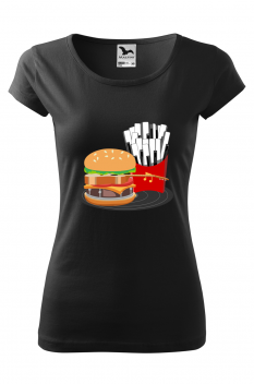 Tricou imprimat Burger Guitar, pentru femei, negru, 100% bumbac