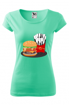 Tricou imprimat Burger Guitar , pentru femei, verde menta, 100% bumbac