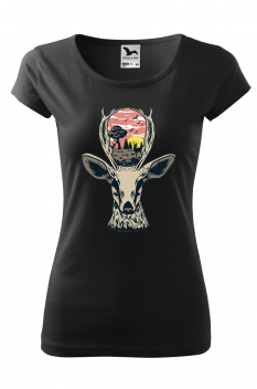 Tricou imprimat Deer Nature, pentru femei, negru, 100% bumbac