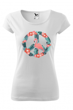 Tricou imprimat Flamingo Peace, pentru femei, alb, 100% bumbac