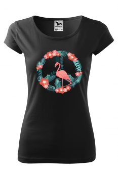 Tricou imprimat Flamingo Peace, pentru femei, negru, 100% bumbac