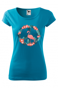 Tricou imprimat Flamingo Peace, pentru femei, turcoaz, 100% bumbac