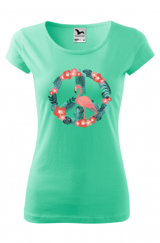 Tricou imprimat Flamingo Peace, pentru femei, verde menta, 100% bumbac