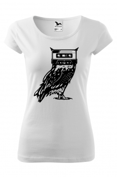 Tricou imprimat Owl Casette, pentru femei, alb, 100% bumbac