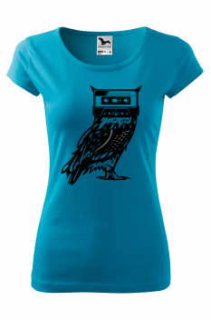 Tricou imprimat Owl Casette, pentru femei, turcoaz, 100% bumbac