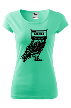 Tricou imprimat Owl Casette, pentru femei, verde menta, 100% bumbac