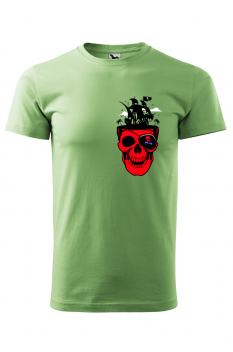 Tricou imprimat Pirate Skull, pentru barbati, verde iarba, 100% bumbac