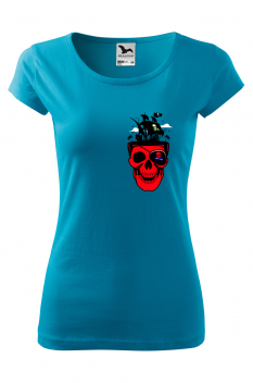Tricou imprimat Pirate Skull, pentru femei, turcoaz, 100% bumbac