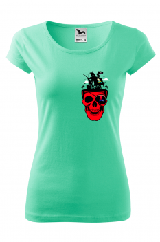 Tricou imprimat Pirate Skull, pentru femei, verde menta, 100% bumbac