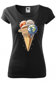 Tricou imprimat Planet Ice Cream, pentru femei, negru, 100% bumbac