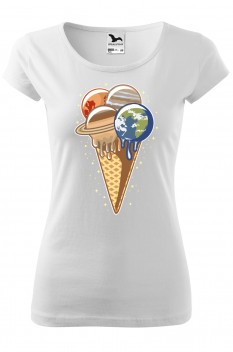 Tricou imprimat Planet Ice Cream, pentru femei, alb, 100% bumbac