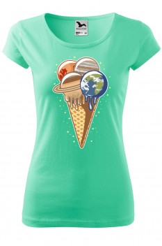 Tricou imprimat Planet Ice Cream, pentru femei, verde menta, 100% bumbac