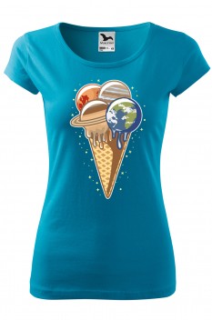Tricou imprimat Planet Ice Cream, pentru femei, turcoaz, 100% bumbac