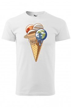 Tricou imprimat Planet Ice Cream, pentru barbati, alb, 100% bumbac