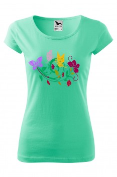 Tricou imprimat Butterfly and Flower, pentru femei, verde menta, 100% bumbac