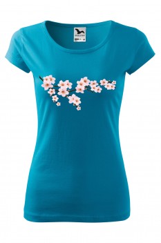 Tricou imprimat Cherry Blossoms, pentru femei, turcoaz, 100% bumbac