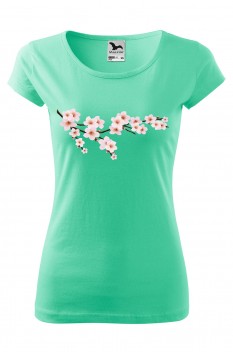 Tricou imprimat Cherry Blossoms, pentru femei, verde menta, 100% bumbac