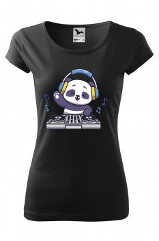 Tricou imprimat DJ Panda, pentru femei, negru, 100% bumbac