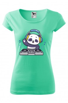 Tricou imprimat DJ Panda, pentru femei, verde menta, 100% bumbac