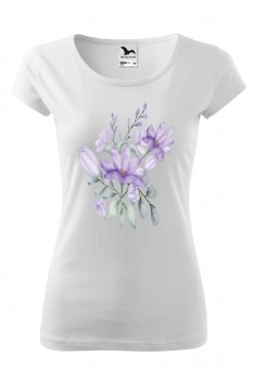 Tricou imprimat Purple Flowers, pentru femei, alb, 100% bumbac