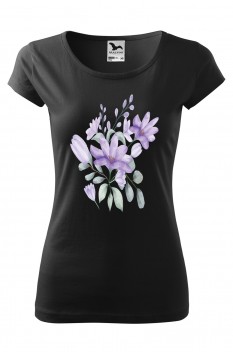 Tricou imprimat Purple Flowers, pentru femei, negru, 100% bumbac