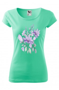 Tricou imprimat Purple Flowers, pentru femei, verde menta, 100% bumbac