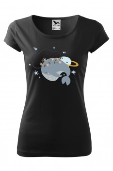 Tricou imprimat Space Whale, pentru femei, negru, 100% bumbac