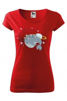 Tricou imprimat Space Whale, pentru femei, rosu, 100% bumbac
