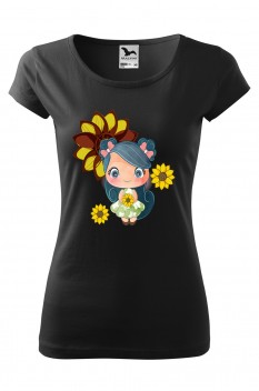 Tricou imprimat Sunflower Girl, pentru femei, negru, 100% bumbac
