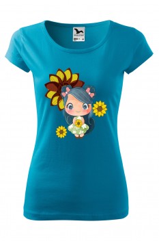 Tricou imprimat Sunflower Girl, pentru femei, turcoaz, 100% bumbac