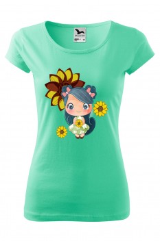 Tricou imprimat Sunflower Girl, pentru femei, verde menta, 100% bumbac