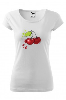 Tricou imprimat Watercolour Cherries, pentru femei, alb, 100% bumbac