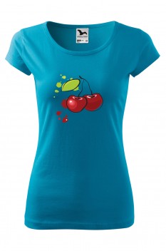 Tricou imprimat Watercolour Cherries, pentru femei, turcoaz, 100% bumbac