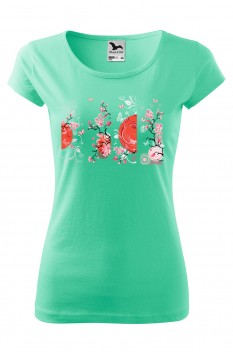 Tricou imprimat Sakura, pentru femei, verde menta, 100% bumbac