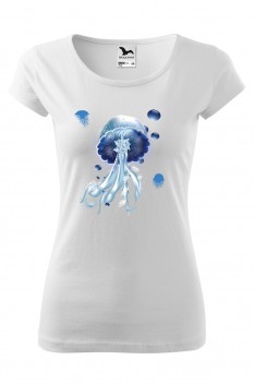 Tricou imprimat Blue Jellyfish, pentru femei, alb, 100% bumbac