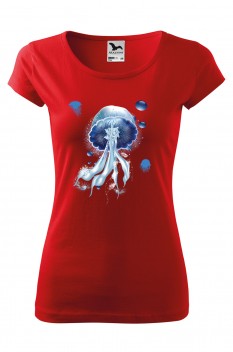 Tricou imprimat Blue Jellyfish, pentru femei, rosu, 100% bumbac
